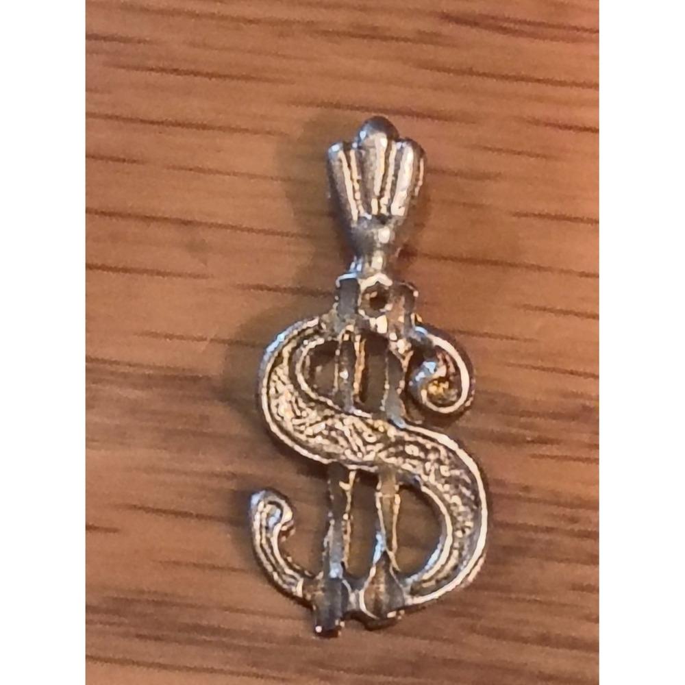Unisex Dollar Sign Pendant Charm Silver Tone Fluted Fan Bail Textured Scroll
